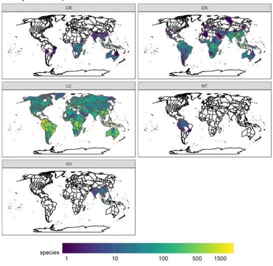 Figure 1: The number of orchid species classified as Critically Endangered (CR), Endangered (EN), Vulnerable (VU), Near Threatened (NT), and Least Concern (LC) by the automated conservation assessment using