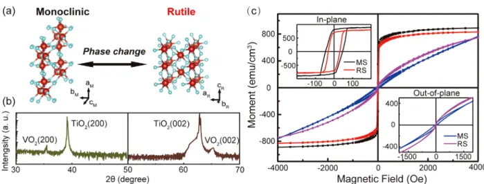 Figure 1. Phase change of VO 2 and characterization of the NiFe/VO 2 heterostructure. a) Schematic illustration of the reversible phase change of VO 2 between monoclinic (M1) and rutile (R) lattice structures