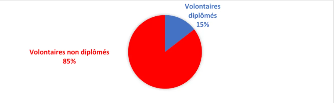 Figure 2. Représentation du nombre de volontaires (en %) possédant les qualifications  pour s’occuper d’enfants et en lien avec leur rôle au sein de l’institution