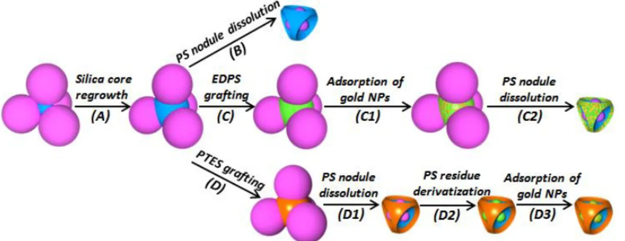 Fig. 1 Schematic representation of the multi-step approach for the synthesis and the regioselective functionalization of tetravalent silica particles