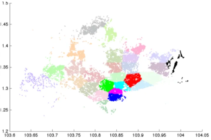 Figure 5. Voronoi regions of Singapore, extracted through K means clustering on origins and destinations of taxi trips