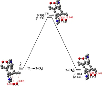 Fig. 7. DFT energies (eV) for the concerted thermal pathway of bis-endoperoxide 2-(O 2 ) 2