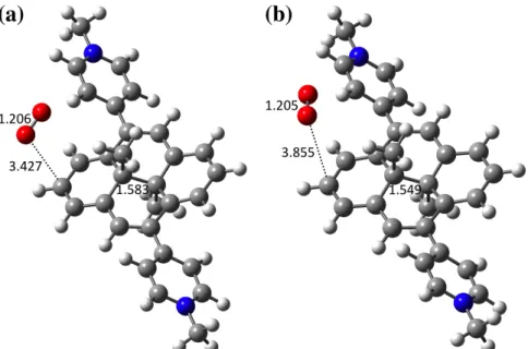 Fig. 4. DFT optimized structures for (a) the triplet–triplet [ 3 O 2••• 1(T 1 )] complex and (b) the  singlet–singlet [ 1 O 2••• 1(S 0 )] complex