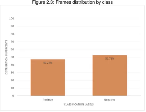 Figure 2.3: Frames distribution by class 47.27% 52.73% 0102030405060708090100 Positive NegativeDISTRIBUTION IN PERCENTS CLASSIFICATION LABELS