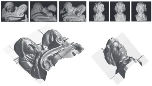 Fig. 3. Photometric stereo. A scene is captured from the same point of view, but under different lightings (top row), so that the normal field can be revealed using photometric stereo