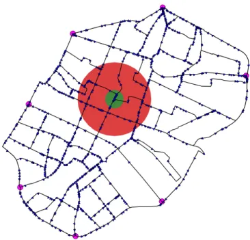 Fig. 4. Snapshot of the Escape city model: the blue triangle are the drivers, the magenta circles the shelters, the green circle the fire perception radius, and the red circle the gas perception radius
