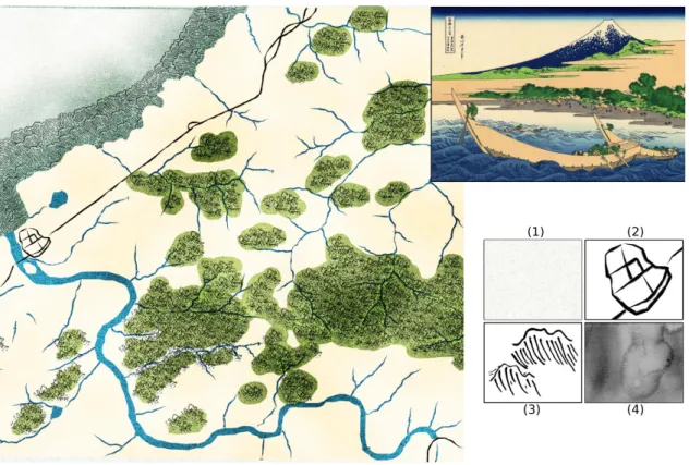 Figure 3: A map created from vector cartographic data with expressive rendering components to imitate the style of  Japanese prints