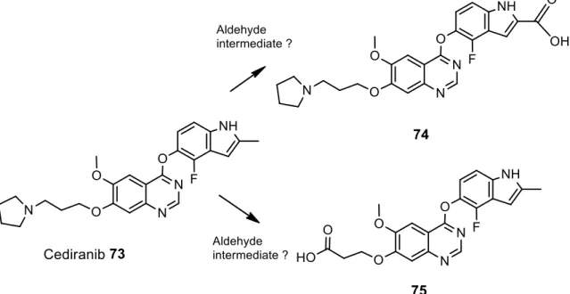 FIGURE 18:  Proposed mechanisms of cediranib metabolic activation to putative aldehyde derivatives