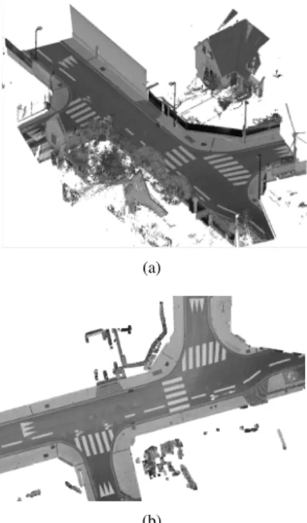 Fig. 2. (a) 3D point cloud, (b) corresponding orthophoto I (GSD = 2cm) generated from points’ intensities.