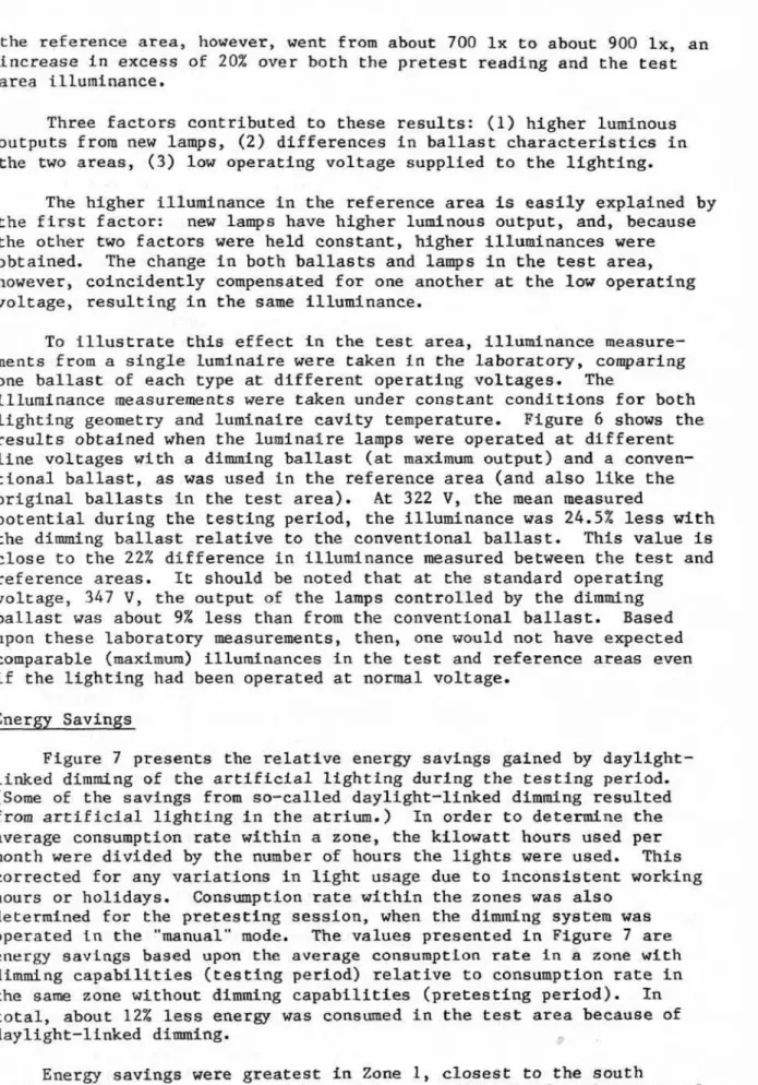 Figure  7  presents  the  r e l a t f v e   energy  savings  gained  by  daylight-  l i n k e d   dimming  of  t h e   a r t i f f c i a 1   l i g h t i n g   during  the  testing period