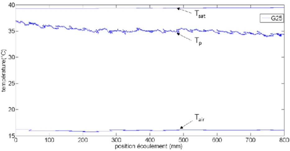 Figure 2 : Evolution de T sat , T paroi , T air   le long de l’axe du tube à G=25 kg.m -2 .s -1