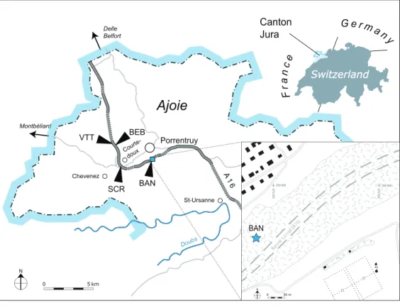Figure 1 Geographical map of the Ajoie region, Canton of Jura, Switzerland. The position of the different localities mentioned in the present study is indicated along the A16 Highway (see text for abbreviations)