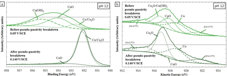Figure 11. XPS analyses of the α , β  -brass CuZn40Pb2 after electrochemical tests in a 0.5 M NaNO 3 solution (pH 12)