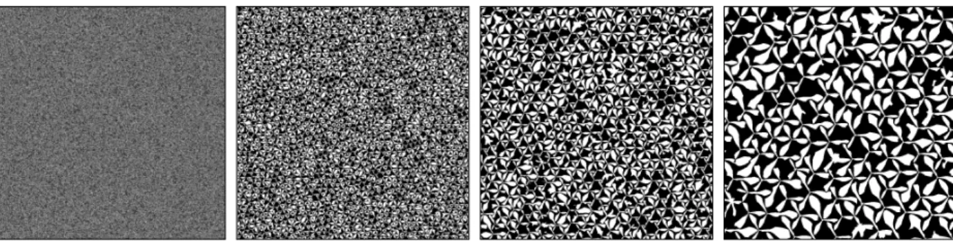 Figure 1: From left to right: large-scale random auxetic porous material with increasing close-up views