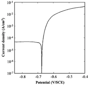 Figure 4. Current-potential curve for a 2024 T351 alloy sample 共 LT-ST plane 兲 in a 1 M NaCl solution 共 T = 25°C 兲 .