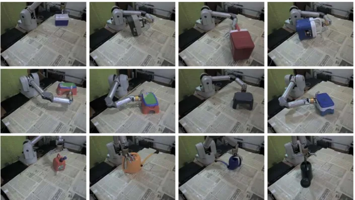 Fig. 10. Four grasps for each of the three classes (from top to bottom: coolers, stools, and watering cans).