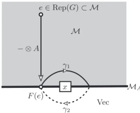 FIG. 3. Consider a physical situation in which the excitations in the 2 + 1D bulk are given by a modular extension M of Rep(G), and those on the gapped boundary by the UFC M A 