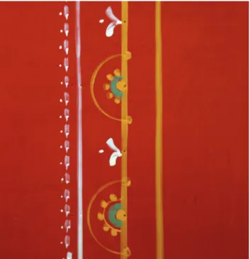 Fig. 7. Two details of the experimental fresco created for the  exhibition L’Empire de la Couleur, de Pompéi au Sud des Gaules,  at the musée Saint-Raymond, musée des Antiques de Toulouse  2014-2015