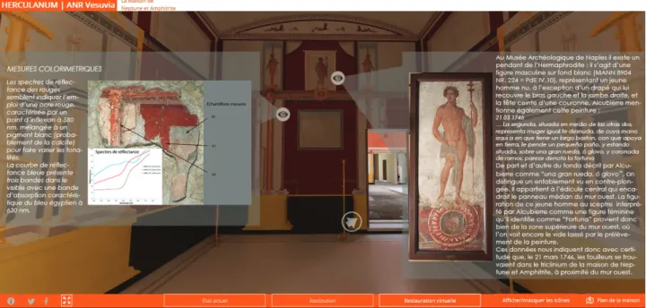 Fig. 9. View of the 3D model of the triclinium (room 7) of the House of Neptune and Amphitrite in Herculaneum, with its digital restoring  and two “clickable areas” opened in order to gather additional information (here colometric measurements and data rel