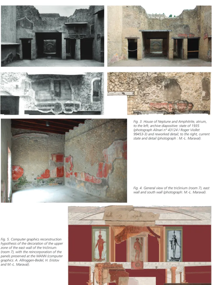 Fig. 3. House of Neptune and Amphitrite, atrium,  to the left, archive diapositive: state of 1935  (photograph Alinari n° 43124 / Roger Viollet  99453-3) and reworked detail; to the right, current  state and detail (photograph : M.-L