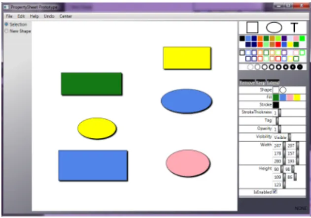 Figure  5:  Overview  of  the  application.  The  work- work-space is at the center, the samples at the top right  and the property sheet at the bottom right