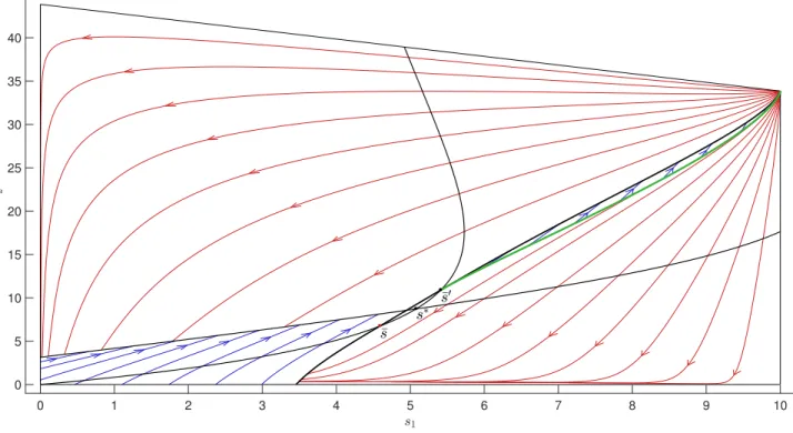 Figure 7: Optimal synthesis for the target point ¯ s := (4.59, 6.75) maximizing the biogas production at steady state