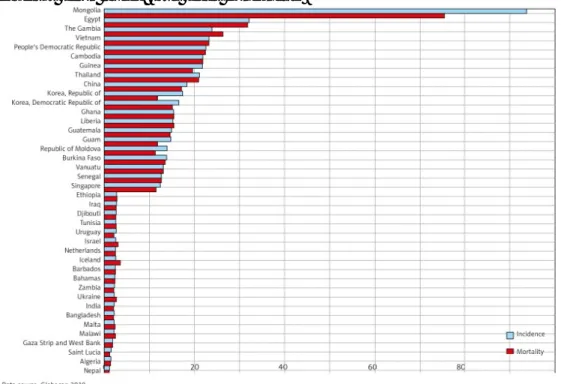 Figure  4  :  Estimation  des  taux  d’incidence  et  de  mortalité,  dans  le  monde  en  2018  (standardisés selon l’âge), tous sexes confondus.