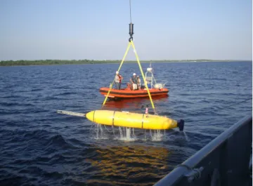 FIG. 5. (Color online) The AUV Unicorn being lifted from the water by the crane of the PCS-12 during the BayEx’14 experiment.