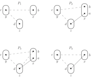Fig. 1. Examples illustrating the notions of sub-pattern, merging and dangling assignment.