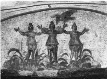 Abb. 6. Die drei Männer im Feuerofen, cubiculum der Velatio, Priscillakatakombe.