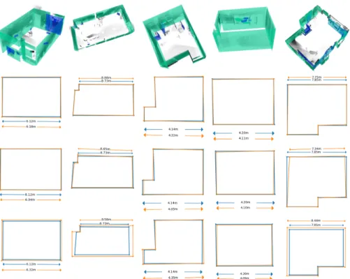 Fig. 6: First row: the point clouds and the labeled planar patches (blue: clutter, green: