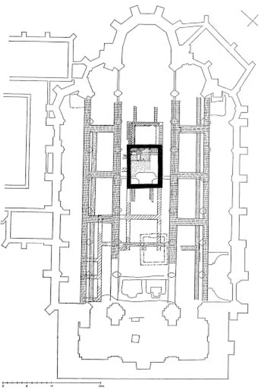 Abb. 1 : Xanten, ehem. Stiftskirche St. Viktor, schematischer Gesamtbefundplan ; in Schwarz der erste Steinbau (sp