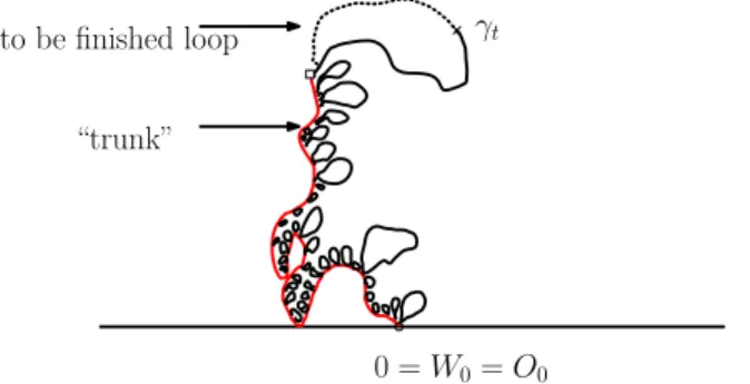 Figure 3.2. A sketch of the conjectural trunk and loops traced by SLE 1 κ (ρ) (for κ ∈ ( 0 , 4 ) and ρ < −2)