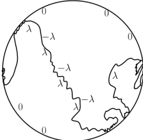 Figure 5.1. Sketch of the 0-level line from − 1 to 1 in D with the corresponding boundary conditions.