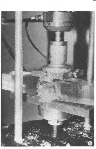 Fig.  2. Photographs  showing (a) the special aluminum platens  used  in these experiments; (b)  the platens in operation during  a 4-point flexure test and (c) after a shear test
