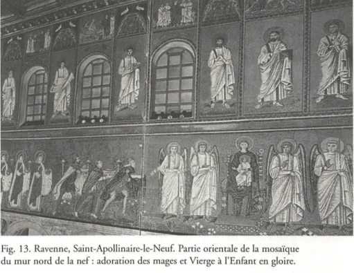 Fig.  14. Freiberg,  cathédrale . Tympan  et  archivolte  de  la  «  Porte  dorée » :  adoration  des  mages, surmontée  d'un  couronnement  de  la Vierge