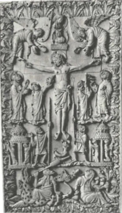Fig.  16. Ivoire carolingien  : Crucifixion,  avec  les figures  d'Ecclesia  ec de  Synagoga 
