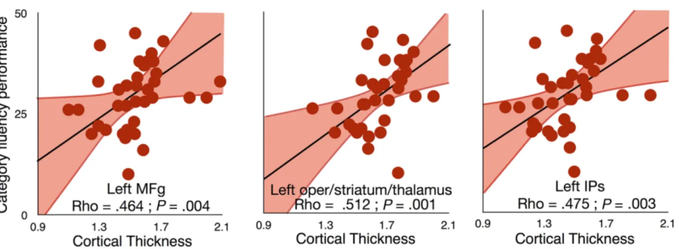 Figure 5: Dimensional relationship between cortical thickness measured in rs-fMRI disconnected networks and category fluency