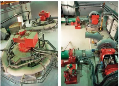 Figure 9 : Turbines Pelton à axe vertical (gauche) et Francis à axe horizontal (droite) [12] 