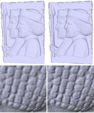 Figure 4: Super-resolution of a single scan of the Persepolis point set. Left: initial scan, right: super-resolution