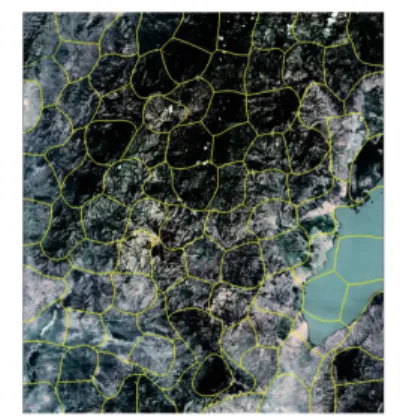 Figure 3. Example of SLIC superpixel segmentation on a tile of an image. Boundaries between superpixels are marked as yellow lines.