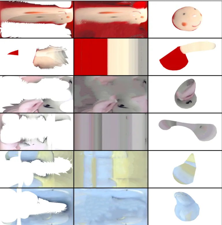 Figure 13: Texture enhancement of several branches: the first column shows the original texture as projected on the reference image I b while the second column shows the completed texture