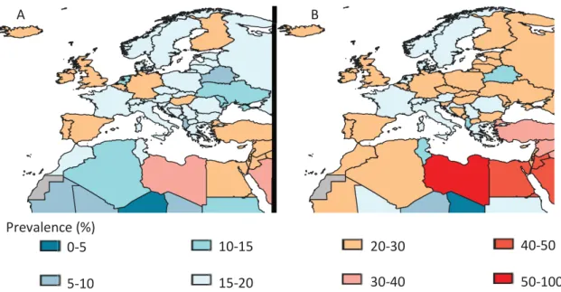 Figure 1: The prevalence of obesity (BMI • 30 kg/m 2 ) in Europe and North Africa, ages • 20 years