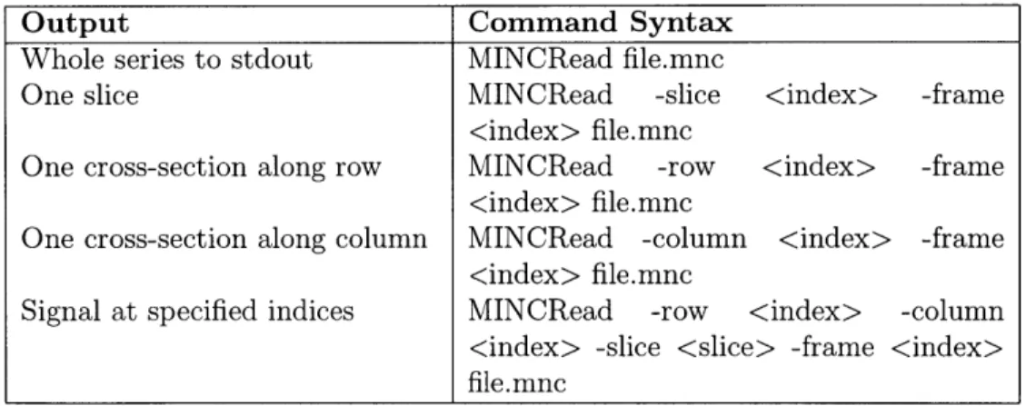 Table  6.1:  A  list  of usage  statements  for  MINCRead  program Response  Generator