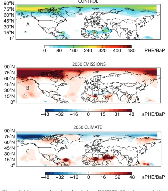 Figure 2. Mean annual northern hemisphere [PHE]/[BaP] in the control (A) and the deviation 2 