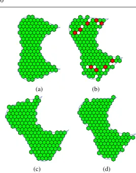 Fig. 11 Visualization of a bicuspid curve together with Gaussian digitization of its interior on the hexagonal grid (a) and its digitized rotations: non-bijective digitized rotation by angle π 9 (b); bijective digitized rotations given by Eisenstein intege