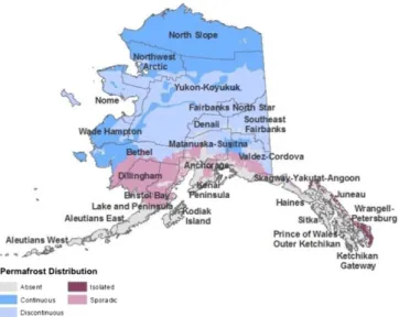 Fig. 1. Alaska ’ s boroughs overlaid on a map of permafrost distribution across the state