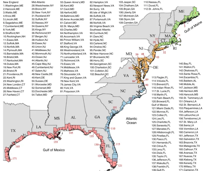 Figure 3 displays the spatial distribution of the estimated 100- 100-year ﬂood level along the US Atlantic and Gulf Coasts