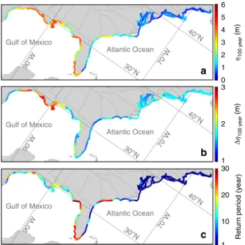 Fig. 3 Projected ﬂ ood hazards along the US Atlantic and Gulf Coasts.