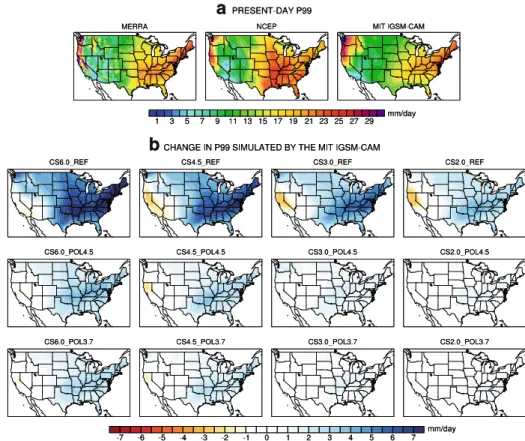 Fig. 5 a Present-day (1981–2010 period) annual 99th percentile of daily precipitation (P99) for the MERRA and NCEP reanalyses and the MIT IGSM-CAM and b change in P99 (mm/day) simulated by the MIT IGSM-CAM for the 2085–2115 period relative to the 1981–2010
